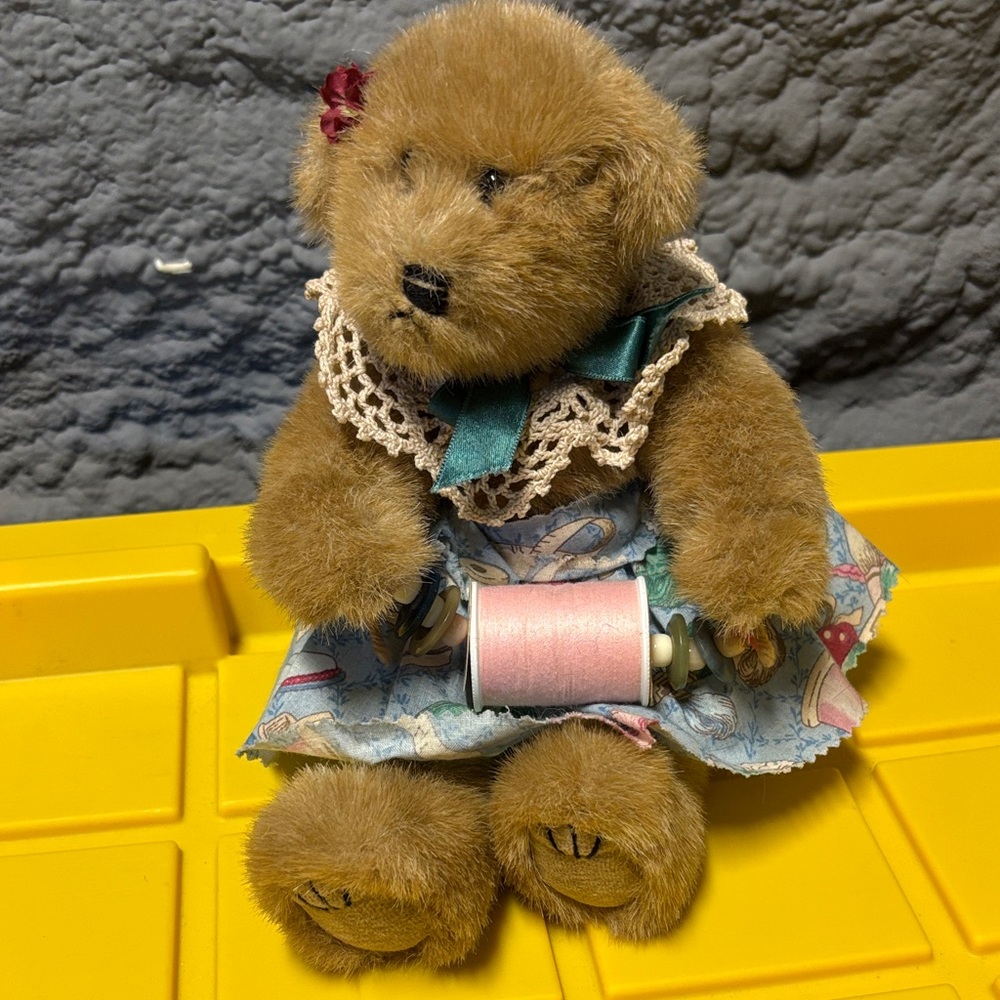 Boyds Bears Brown Teddy in Blue Floral Dress with Pink Thread